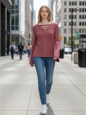 American Eagle Outfitters Berry Pink Crisscross Neck Sweater